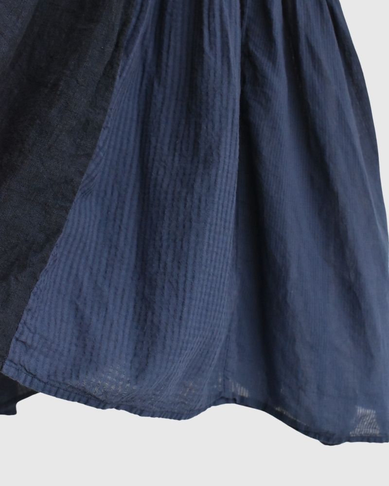 COTTON &LINEN PATCHWORK (OVERDYE) CREW-NECK F/SL SHIRT WITH MINI PINTUCK in Navy