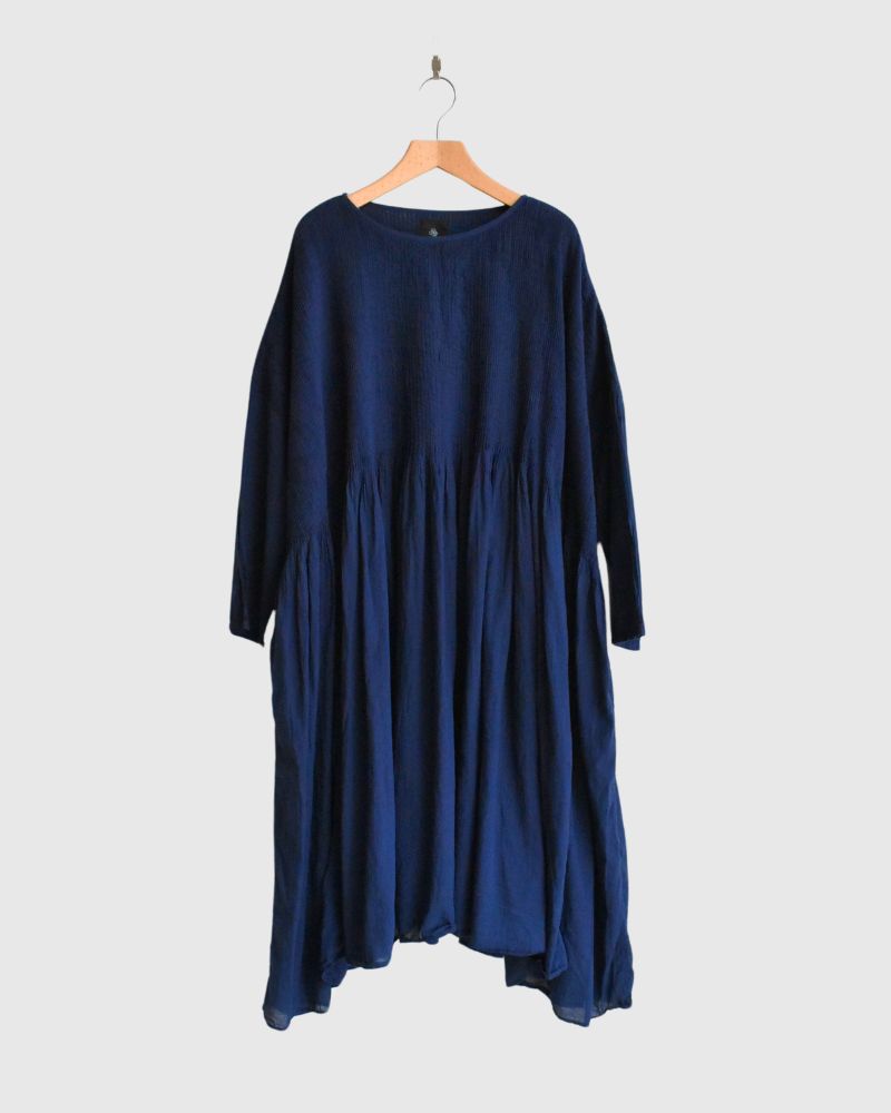 80s ORGANIC STRIPE(OVERDYE) MINI PINTUCK PULLOVER DRESS in Navy