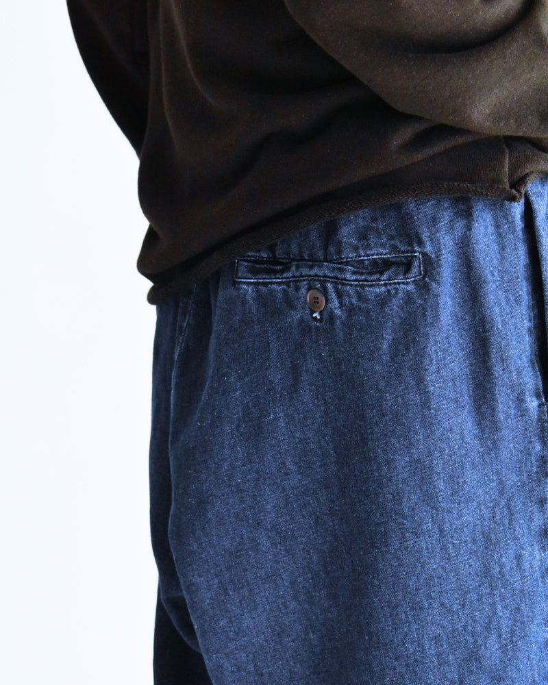 Cotton Linen Denim Tuck Pants in Stone Wash