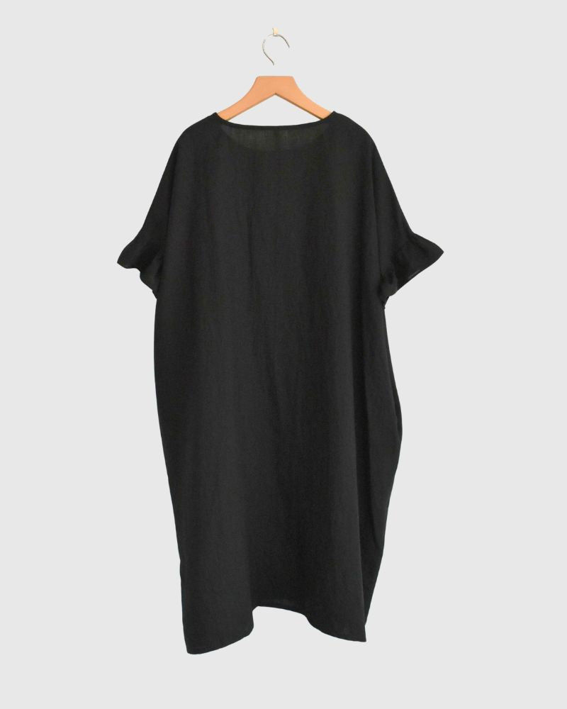Frill top dress (LINEN) in Black