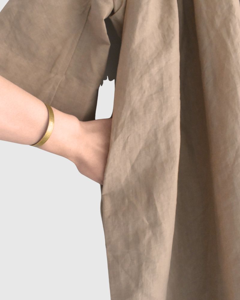 Linen cotton gathered dress in Beige
