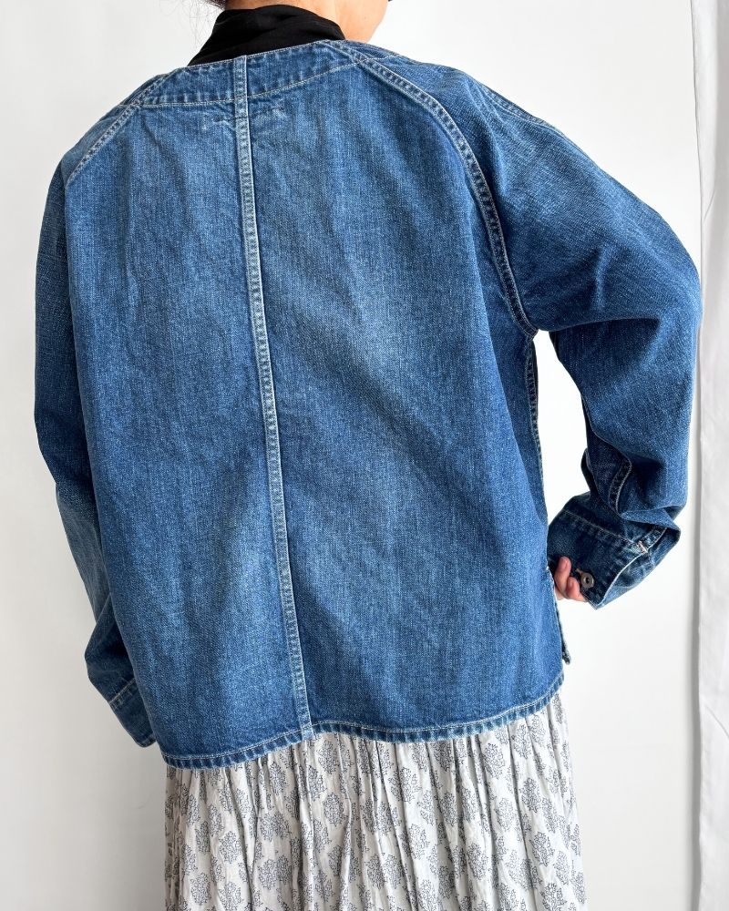 Collarless denim coverall in Denim