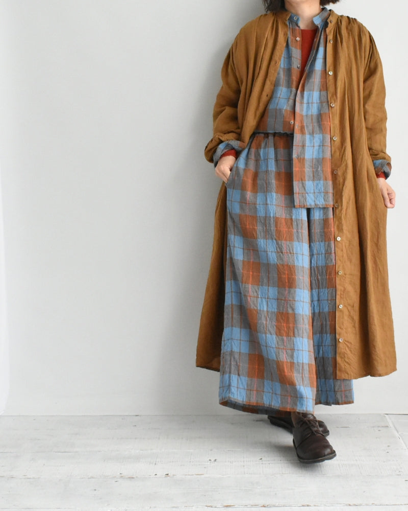 Linen Cotton Check Pants in Blue