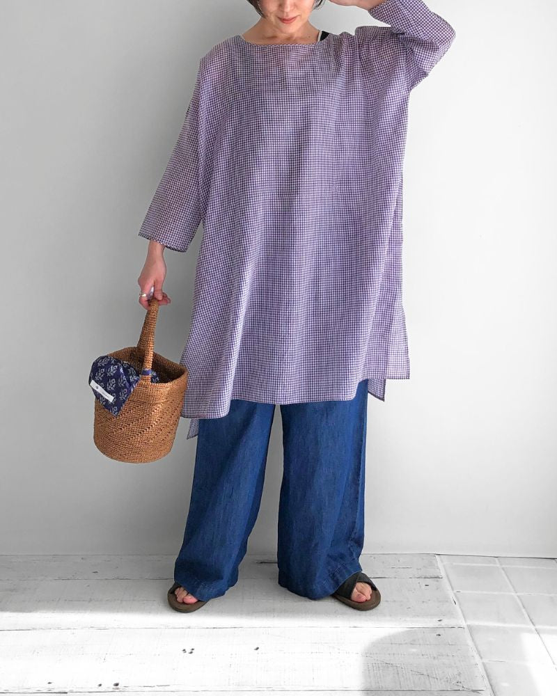 DROP SHOULDER SMOCK DRESS in OffWhite/Purple