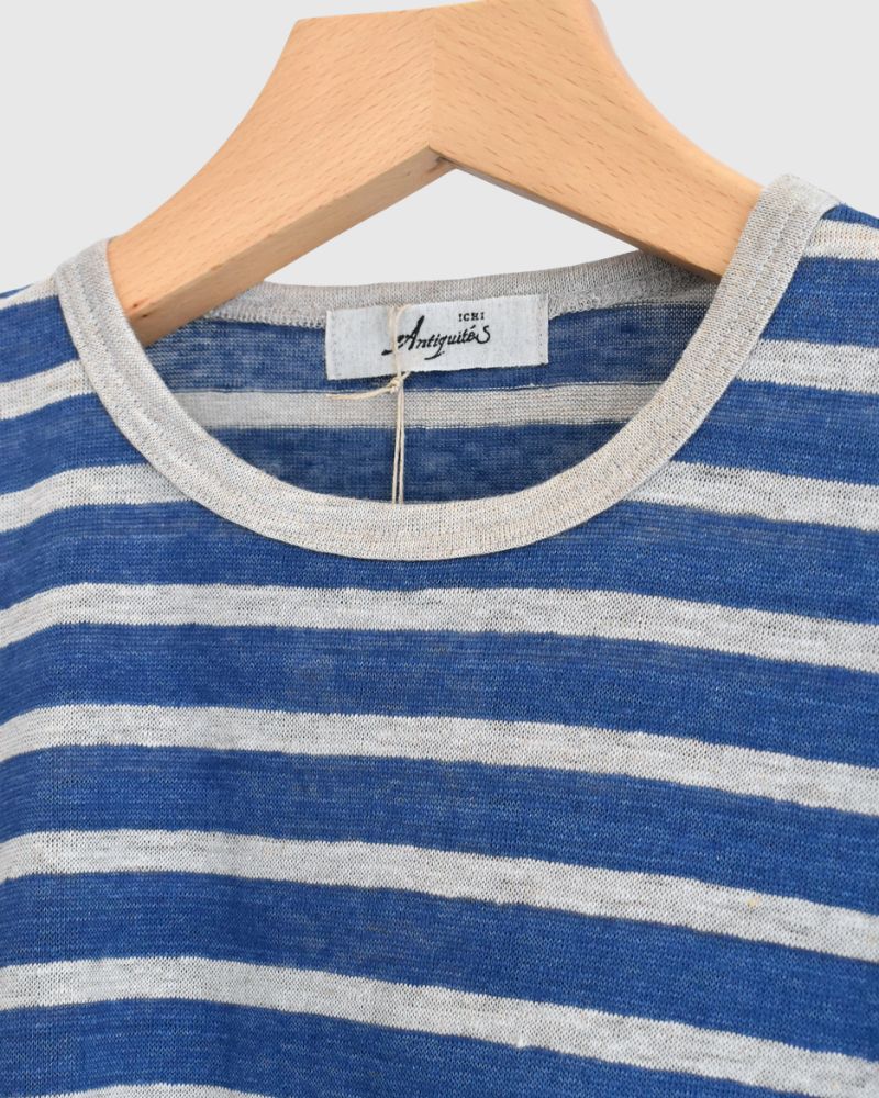 Linen Jersey Border Pullover in Blue/Natural