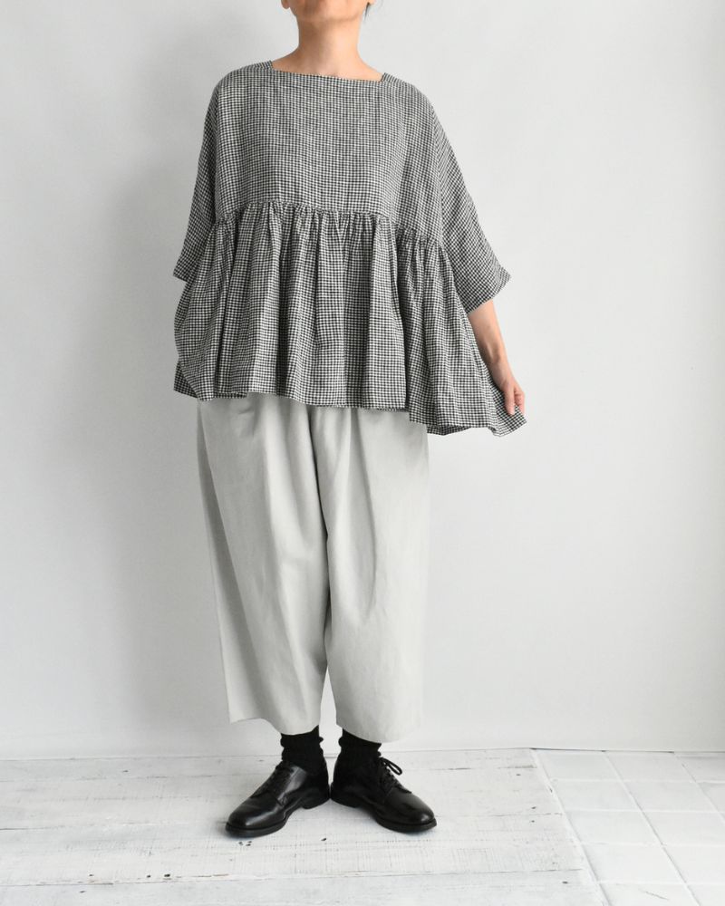 Dolman Gathered Blouse (LINEN) in Black/White
