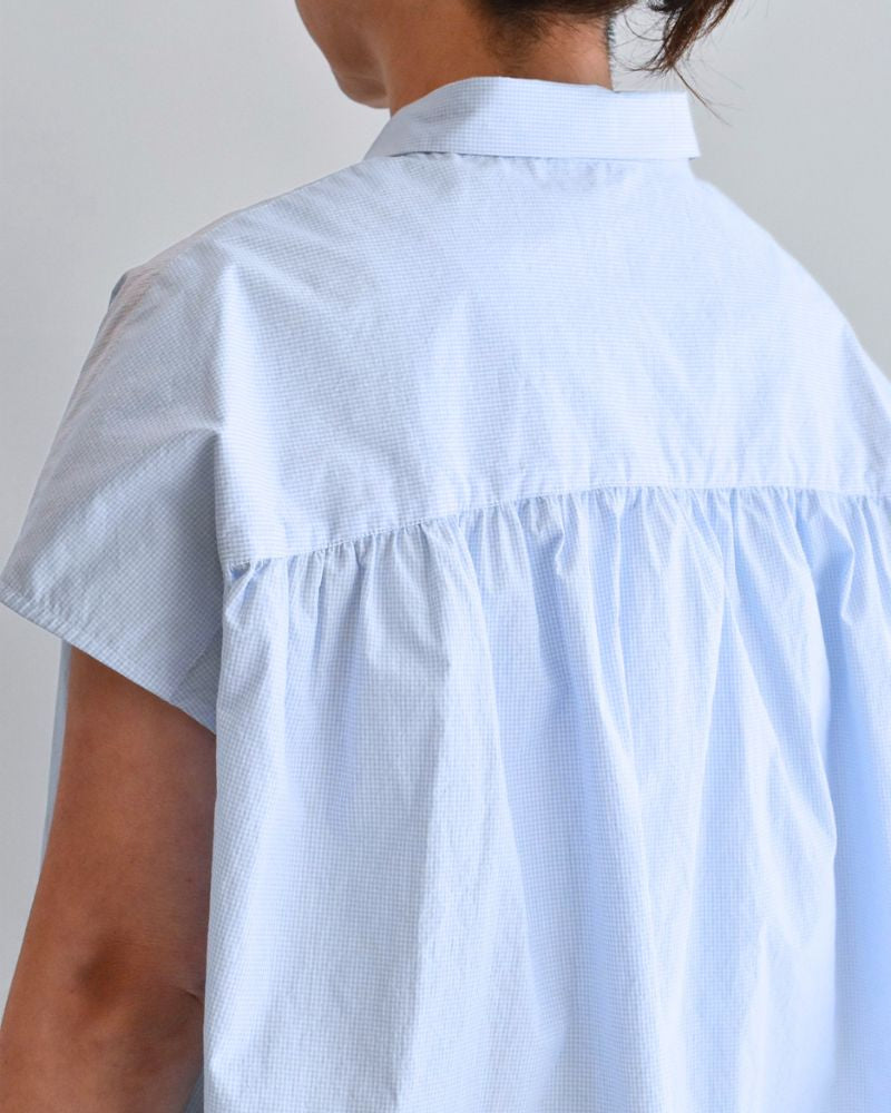 TENDER-W Back Gather French Sleeve Blouse in SaxCheck