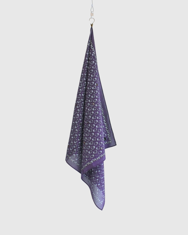 80s ORGANIC VOILE GENTIANA BLOCK PRINT SCARF in Purple