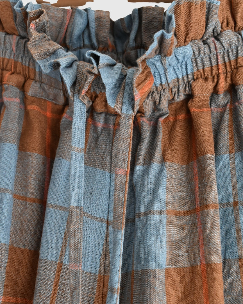 Linen Cotton Check Pants in Blue