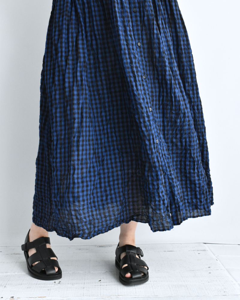 Block Check Sleeveless Gathered Dress in Navy