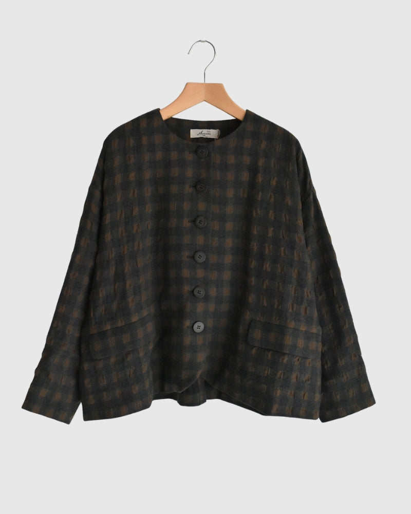 Cotton Wool Gingham Check Jacket in Khaki/Charcoal
