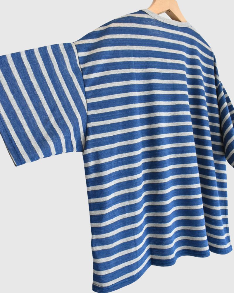 Linen Jersey Border Pullover in Blue/Natural