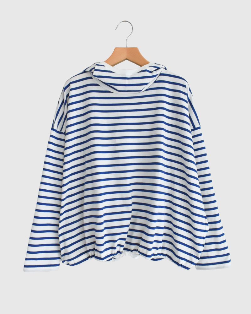 Drawstring Hoodie Pullover in Blue/White