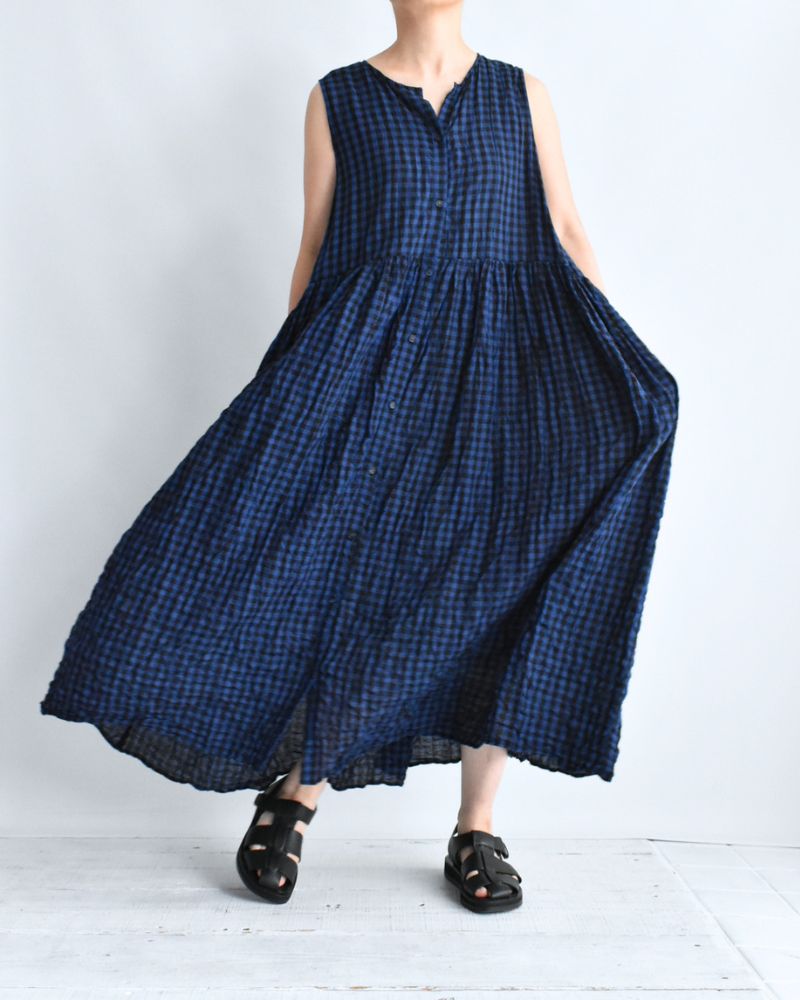 Block Check Sleeveless Gathered Dress in Navy
