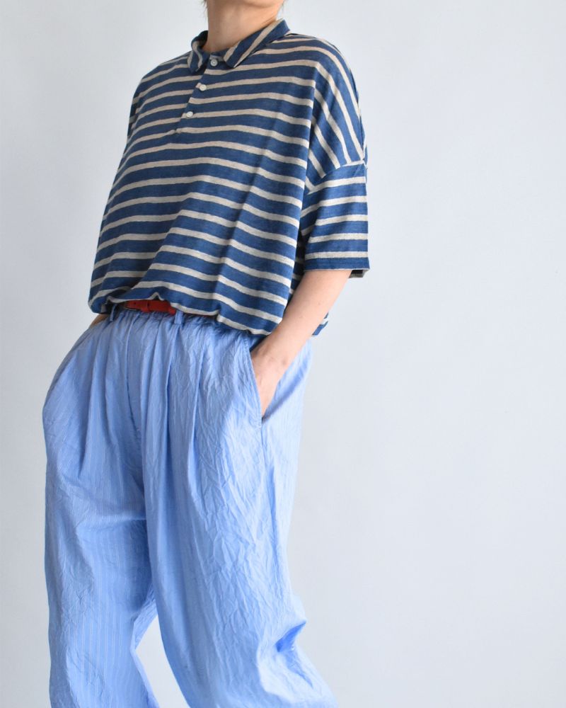 Linen Jersey Border Polo Shirt in Blue/Natural