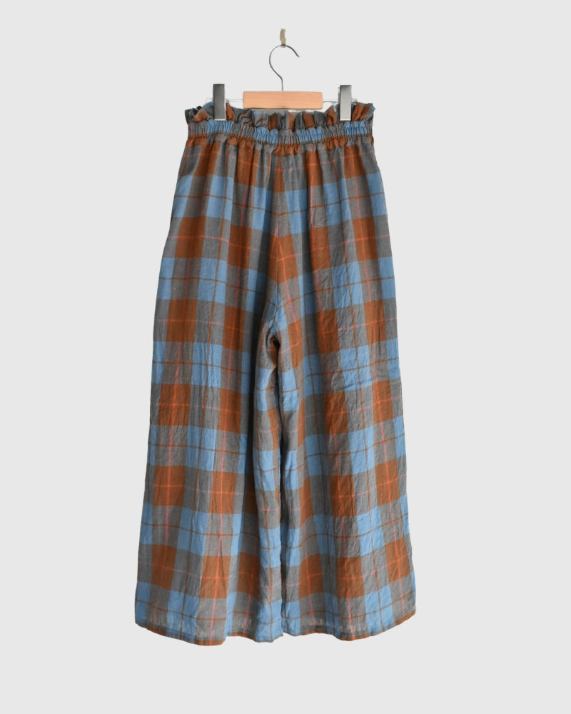 Linen Cotton Check Pants in Blue