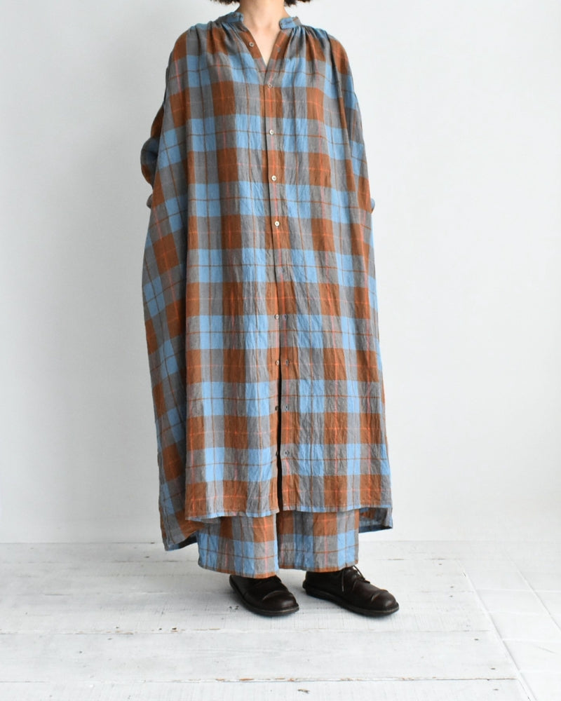 Linen Cotton Check Dress in Blue