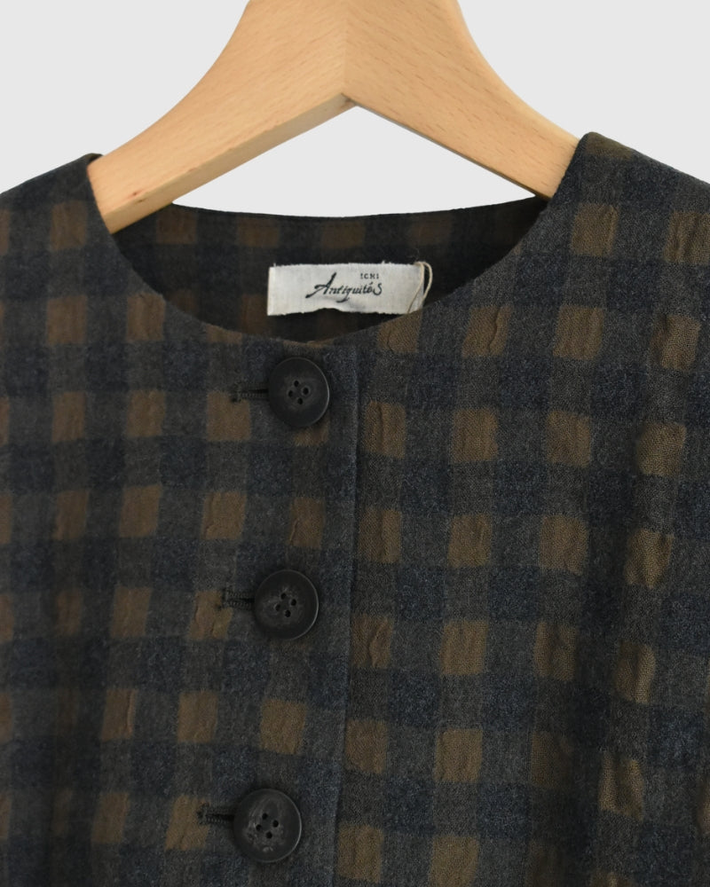 Cotton Wool Gingham Check Jacket in Khaki/Charcoal