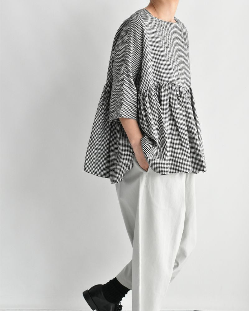 Dolman Gathered Blouse (LINEN) in Black/White