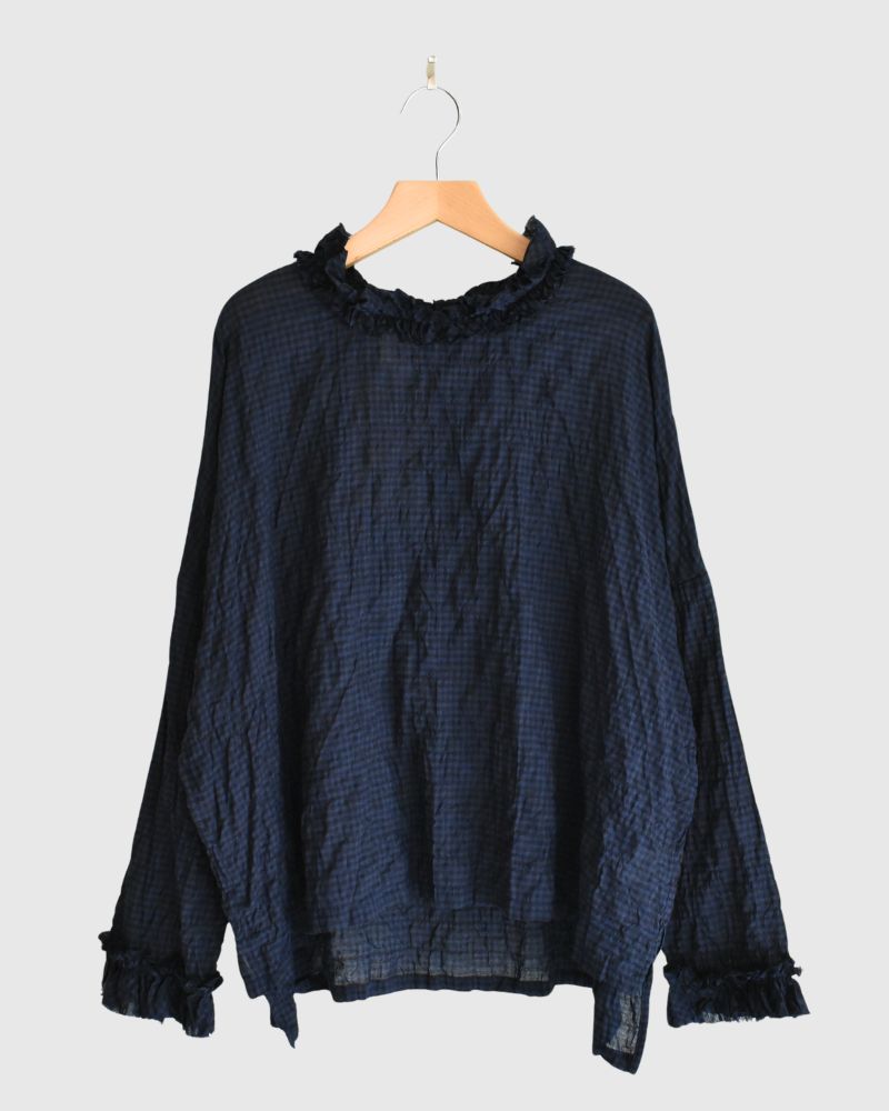 Check Neck Frill Box Pullover in NavyCheck