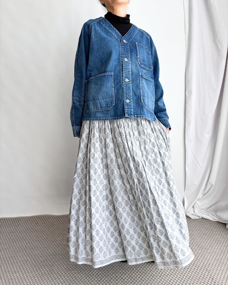 Collarless denim coverall in Denim