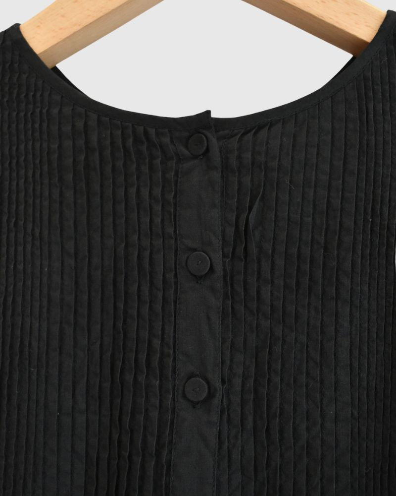 Crew-neck French Sleeve Shirt with Mini Pintuck in Black