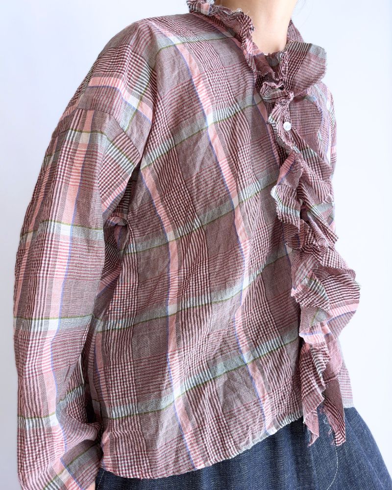 Check frill trim blouse in Pink