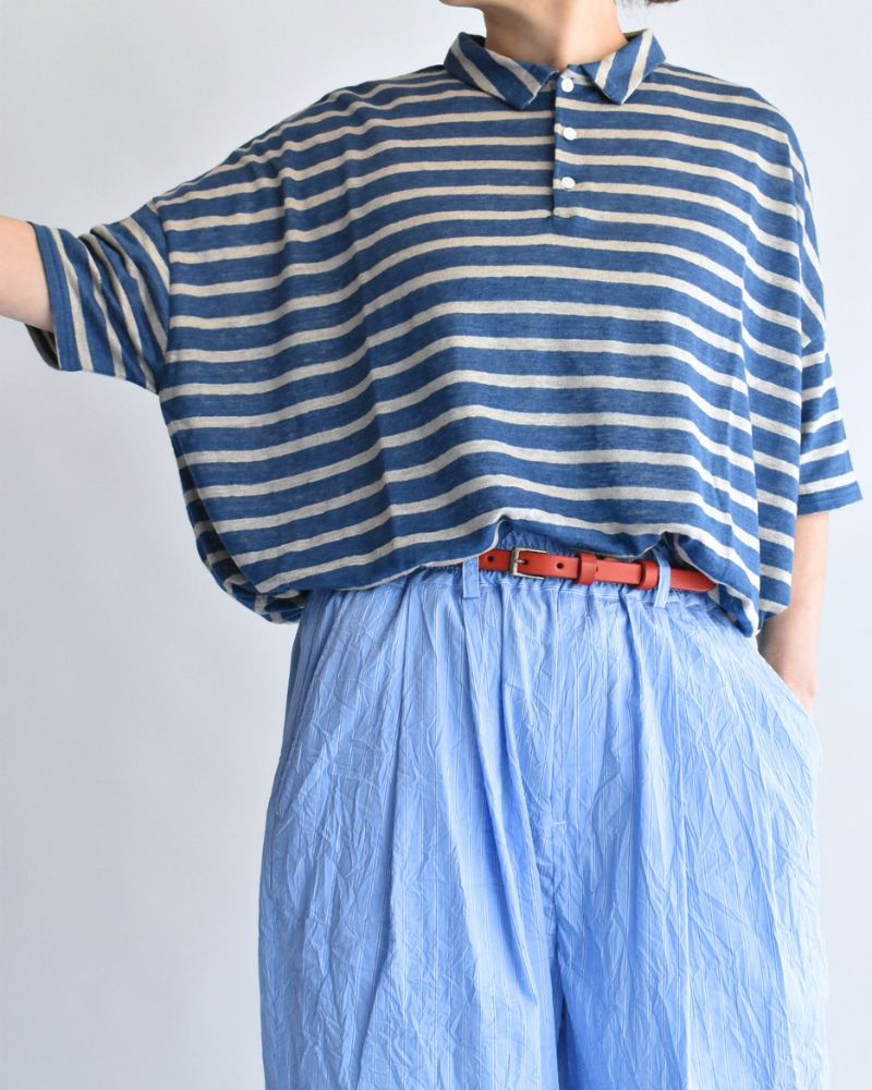 Linen Jersey Border Polo Shirt in Blue/Natural