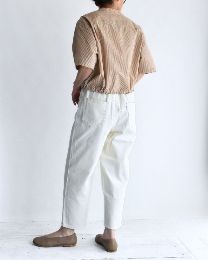 LUNA-W Short Sleeve No Collar Blouse in BeigeStripe