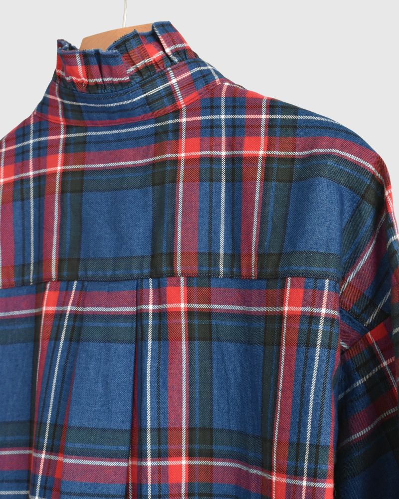 Indigo Tartan Frill Blouse in Blue