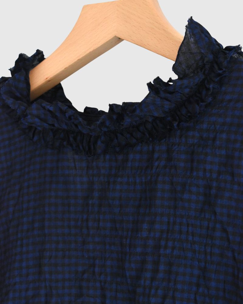 Check Neck Frill Box Pullover in NavyCheck