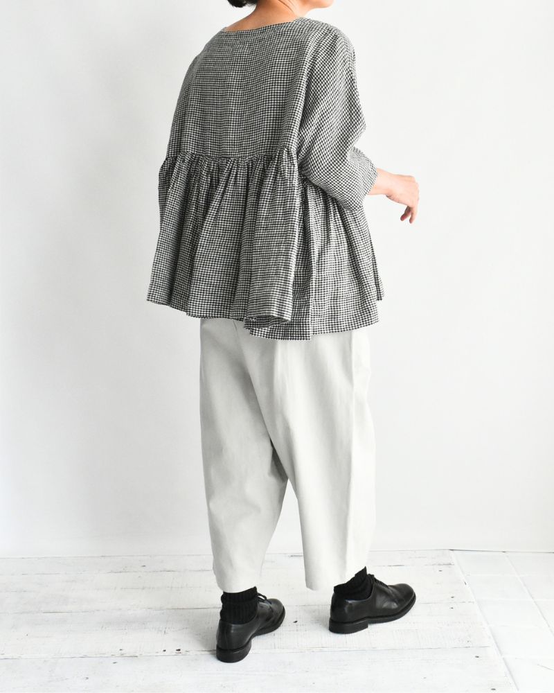 Dolman Gathered Blouse (LINEN) in Black/White