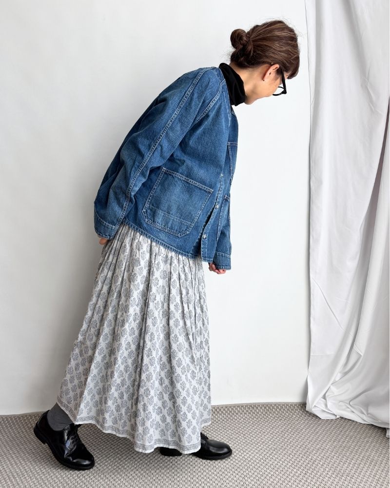 Collarless denim coverall in Denim