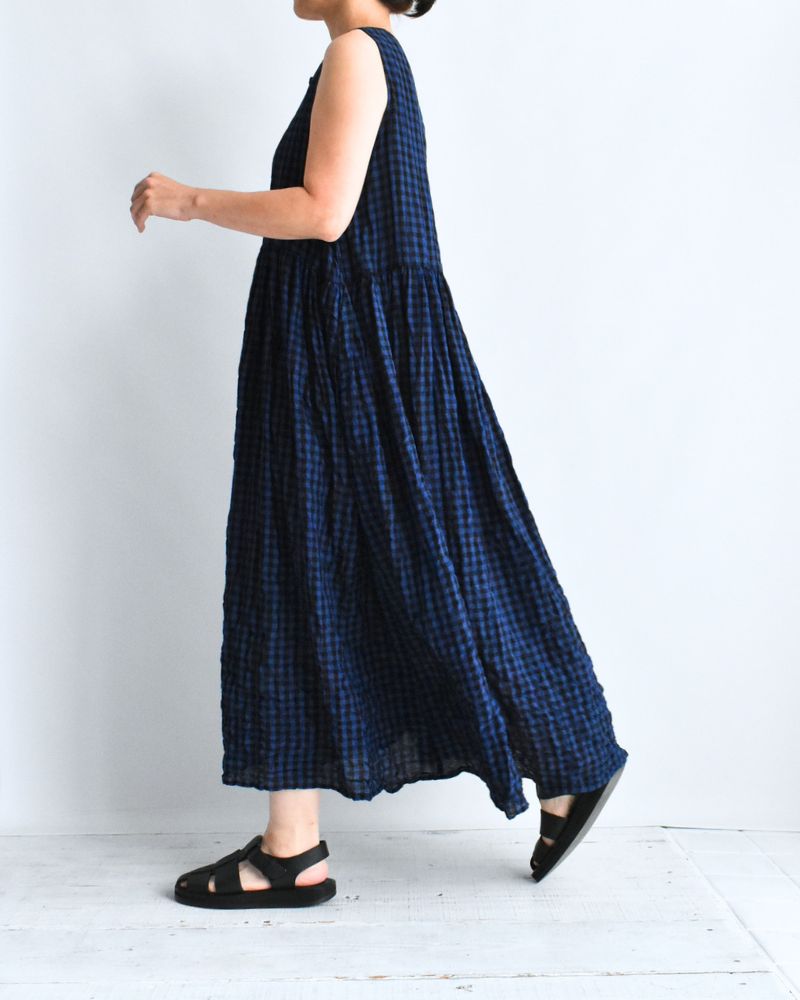 Block Check Sleeveless Gathered Dress in Navy