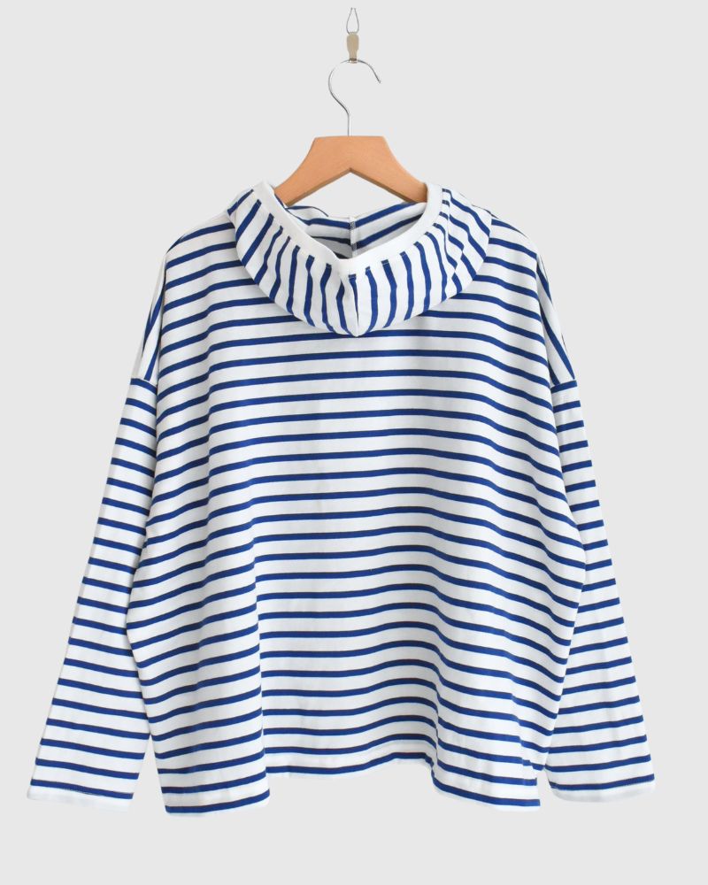 Drawstring Hoodie Pullover in Blue/White