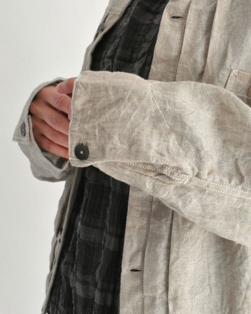 Handwoven Hemp Denim Collarless Jacket in Flax
