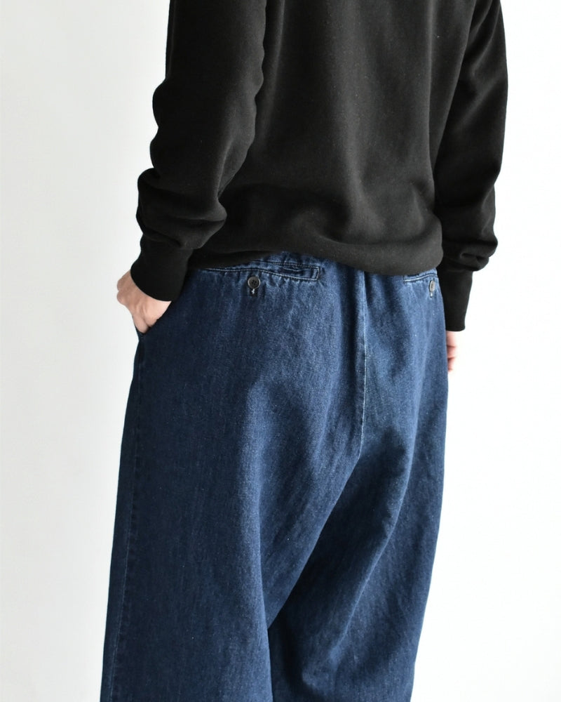 Cotton Linen Denim Tuck Pants in Stone Wash
