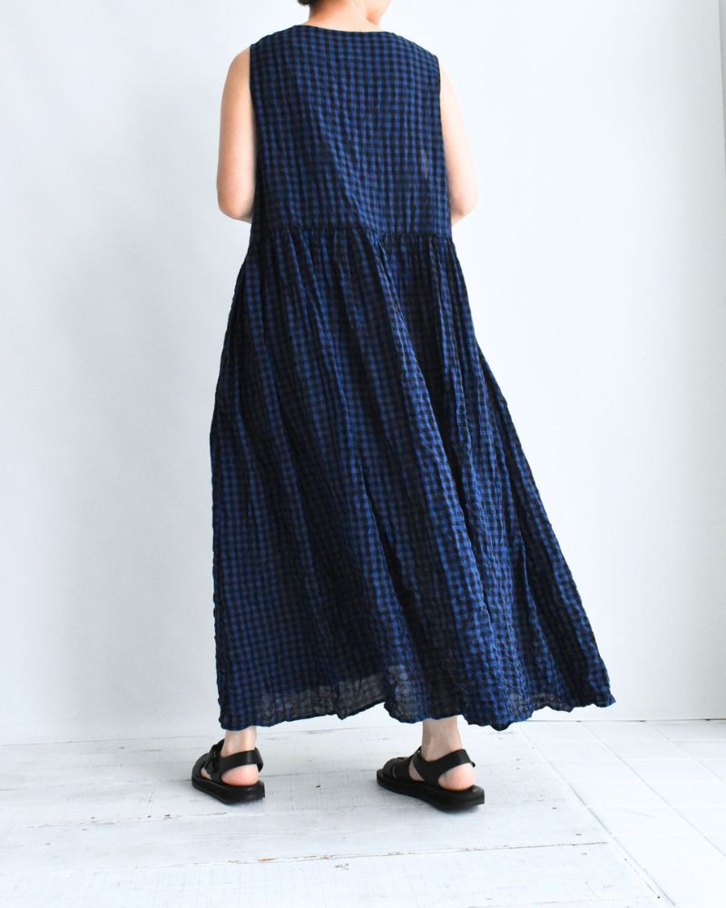 Block Check Sleeveless Gathered Dress in Navy