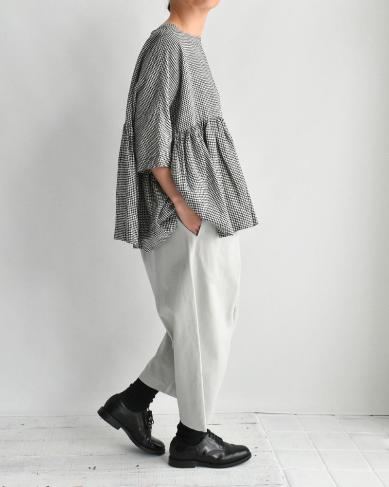 Dolman Gathered Blouse (LINEN) in Black/White