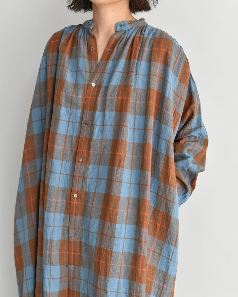 Linen Cotton Check Dress in Blue