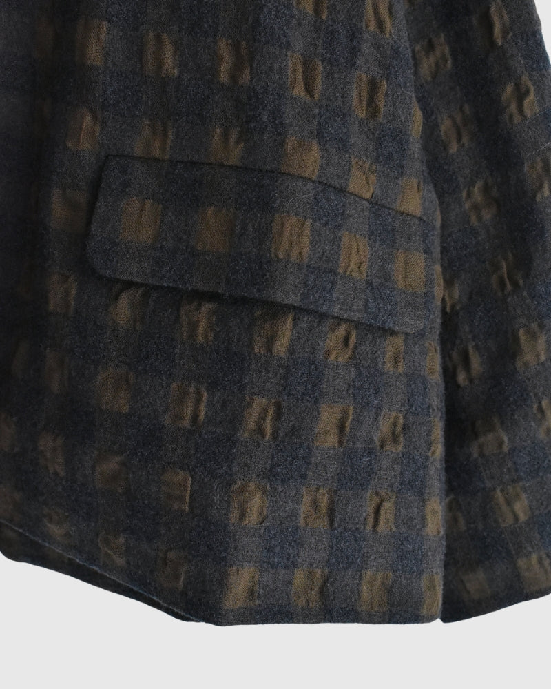 Cotton Wool Gingham Check Jacket in Khaki/Charcoal