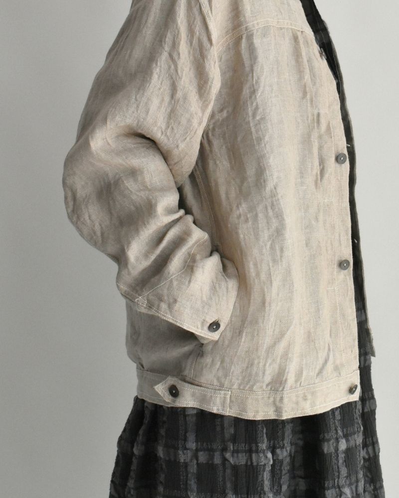 Handwoven Hemp Denim Collarless Jacket in Flax