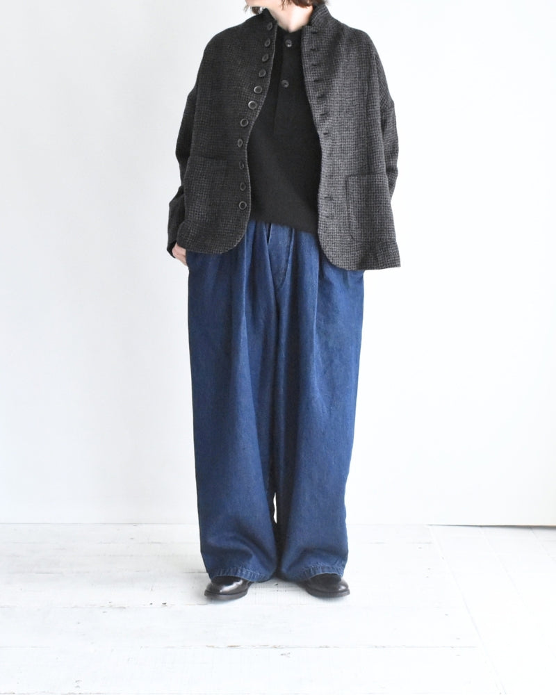 Cotton Linen Denim Tuck Pants in Stone Wash