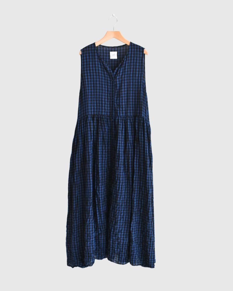 Block Check Sleeveless Gathered Dress in Navy
