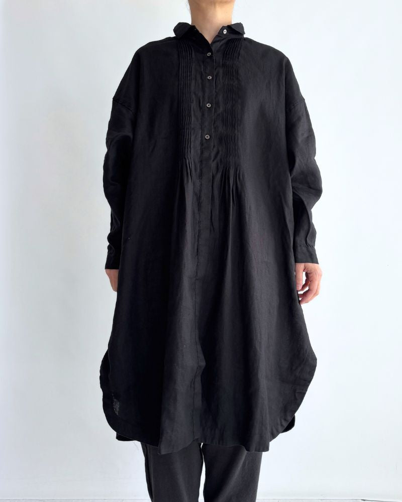 Linen Tuck Shirt Dress in Black