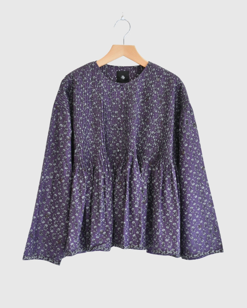Crew-Neck Button Shirt with Pintuck in Purple