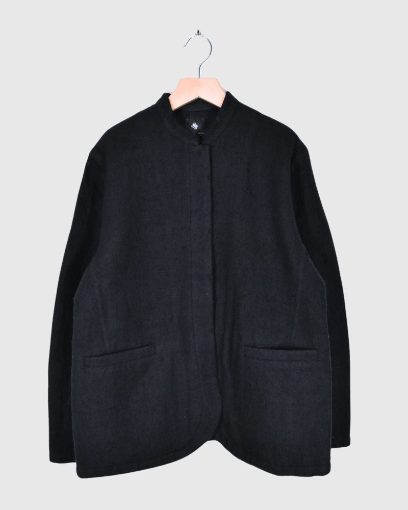 WOOL COTTON STAND COLLAR FLY FRONT JACKET in Navy