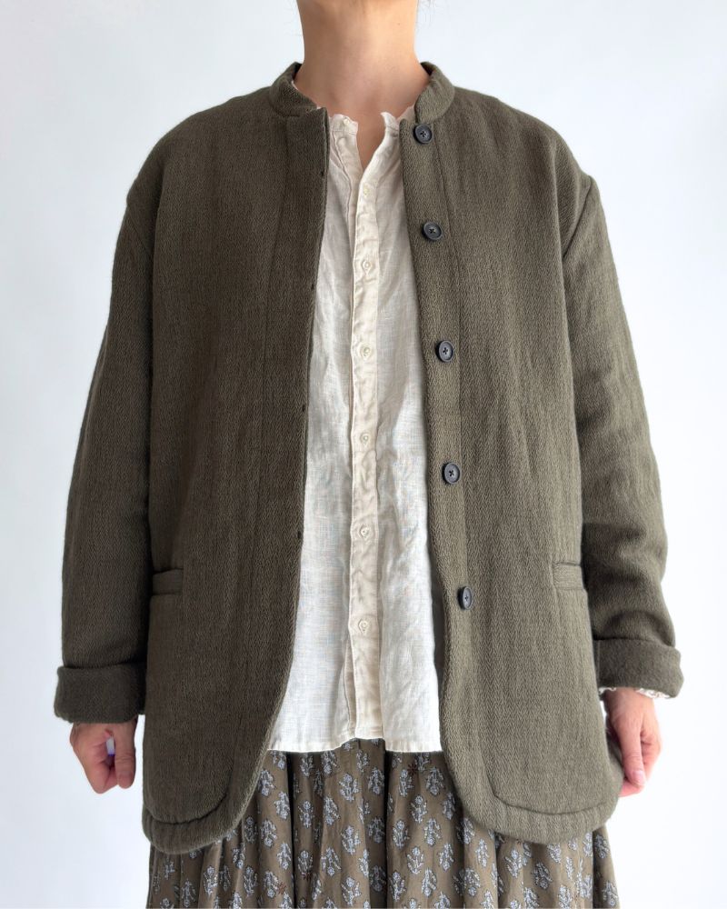 STAND COLLAR FLY FRONT JACKET in Olive