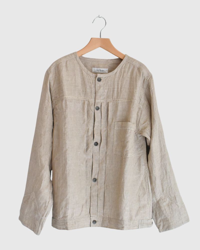 Handwoven Hemp Denim Collarless Jacket in Flax