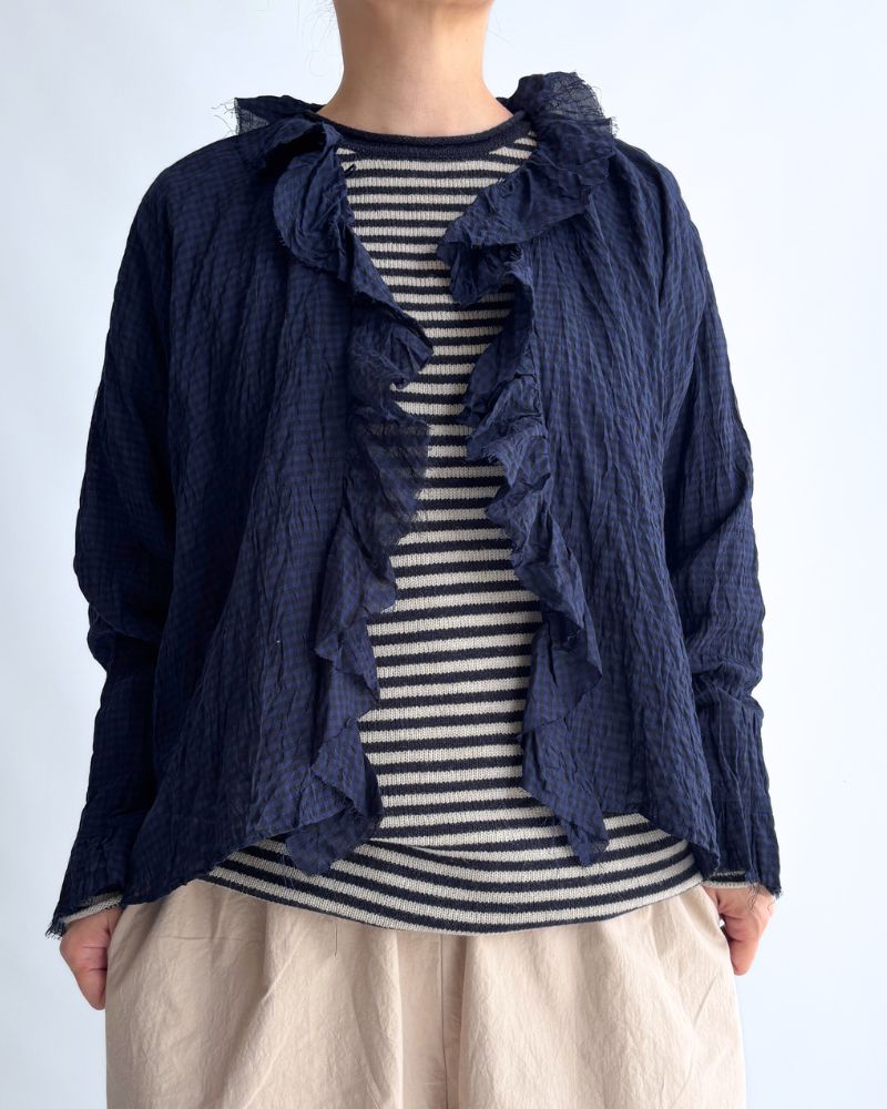 Check Frill Trim Blouse in NavyCheck